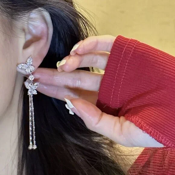 Sweet Diamond Butterfly Long Chain Tassel Earrings - Picture 4 of 6